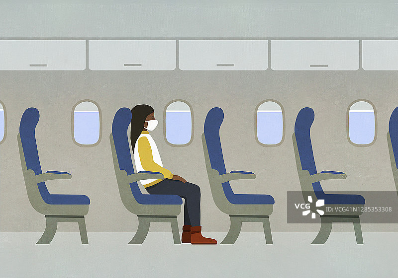 戴口罩的女人独自乘飞机图片素材