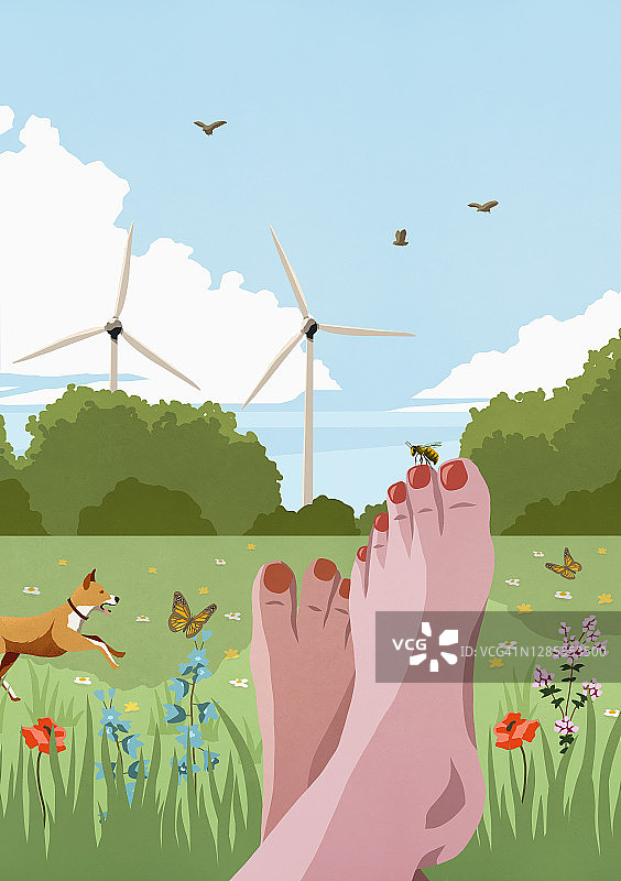 主观视角：无忧无虑的赤脚女人在阳光明媚、田园诗般的春天草地上与风力涡轮机放松身心图片素材