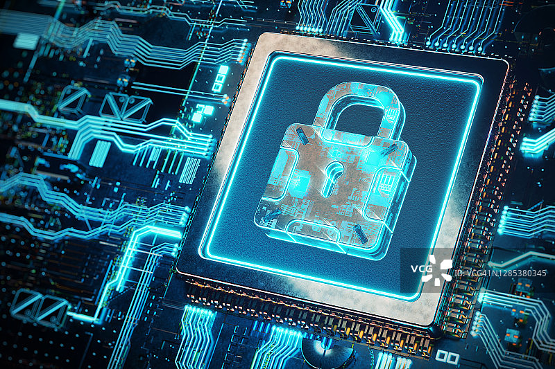 未来主义电路板上的抽象安全锁图片素材
