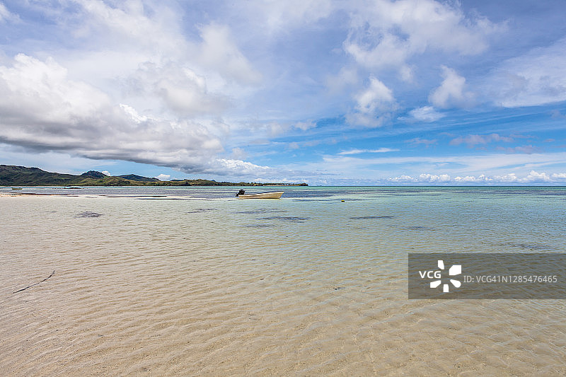 热带岛屿海滩：清澈的蓝色海水和小船图片素材