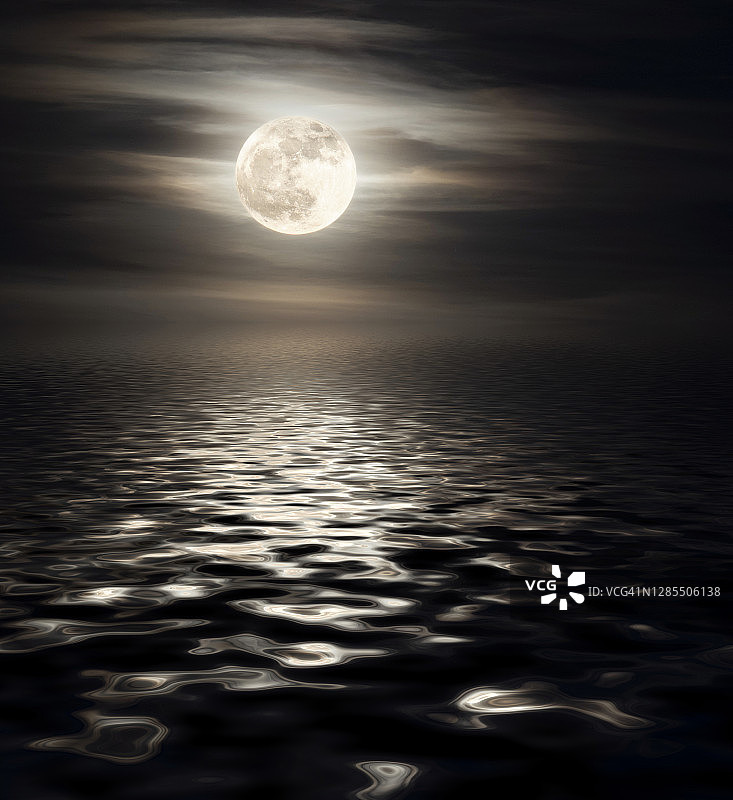 夜空高积云与水面满月倒影图片素材