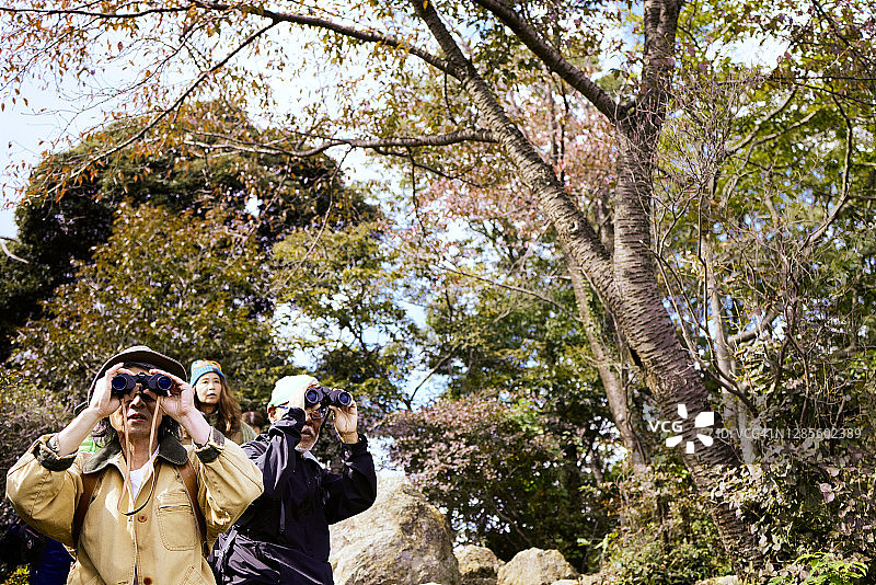 他们用双筒望远镜在山顶上欣赏风景图片素材