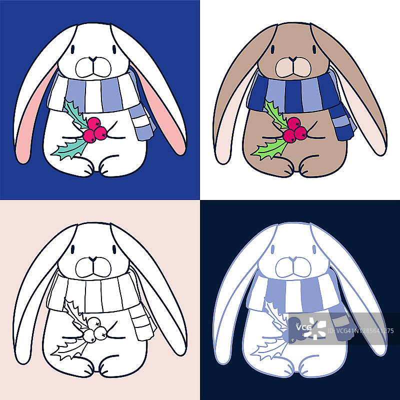 可爱的圣诞兔子与冬青果彩色轮廓矢量素材图片素材