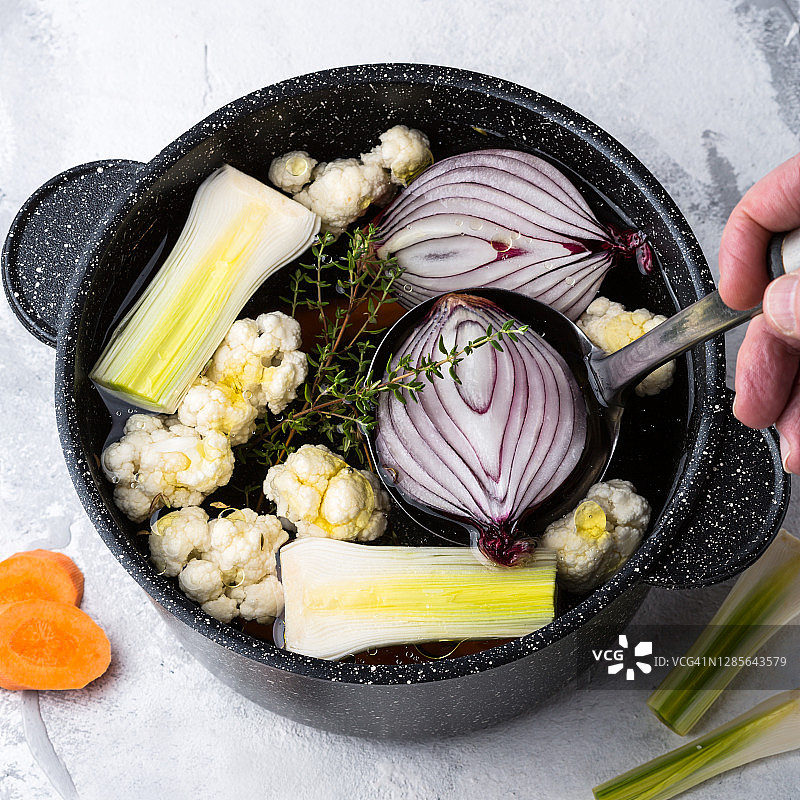 平底锅里的新鲜蔬菜汤，蔬菜汤。图片素材