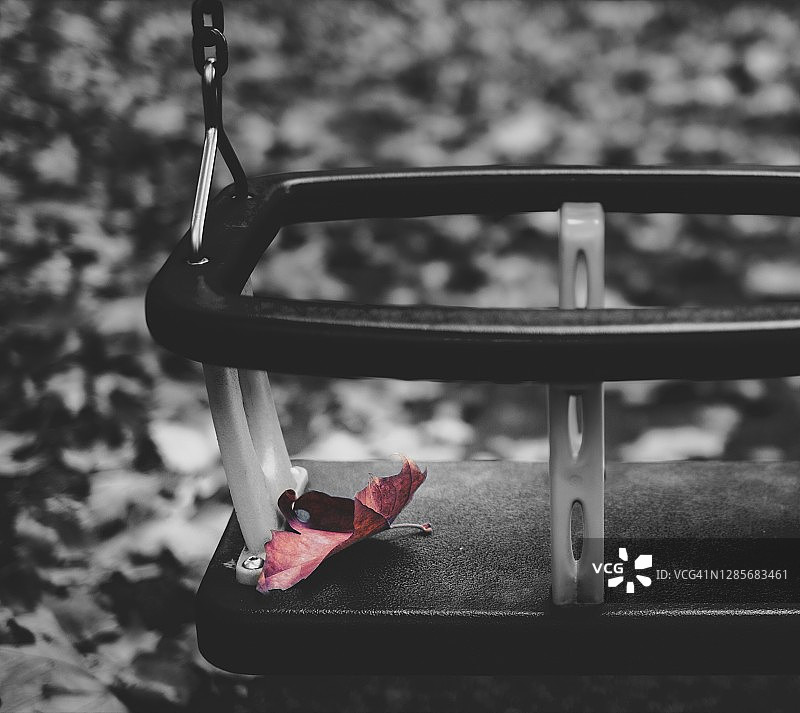 游乐场内，挂着红叶的空荡荡的秋千，孤独的概念图片素材