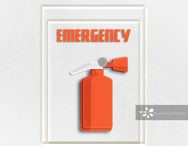 白色背景上的剪纸灭火器与紧急文字图片素材
