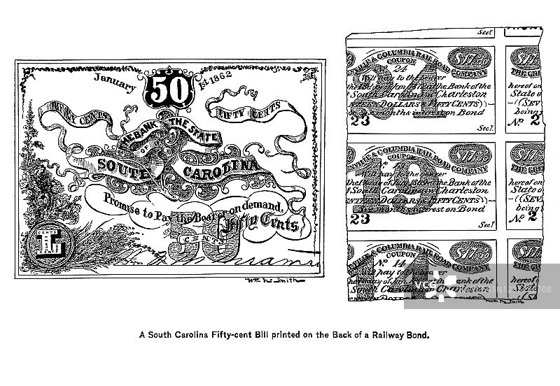 南卡罗来纳州五角纸币古版画插图：印在铁路债券背面图片素材