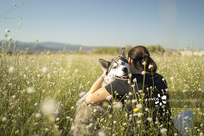 年轻女子带着西伯利亚哈士奇散步图片素材