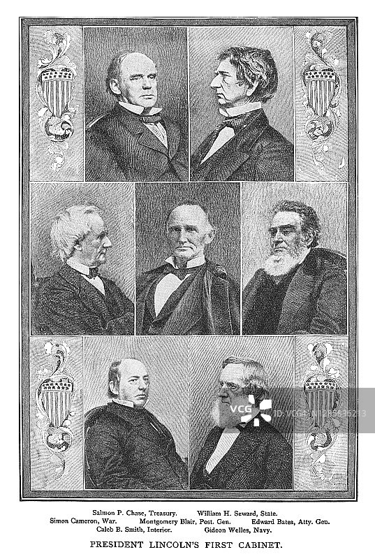 林肯总统第一届内阁古董雕刻插图图片素材