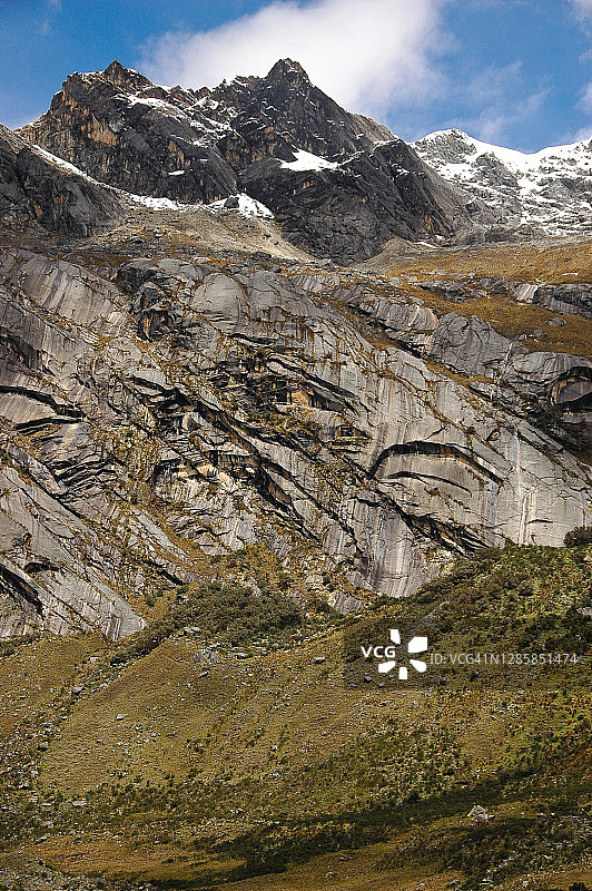 秘鲁瓦拉斯圣克鲁斯步道沿途的安第斯山脉雪山图片素材