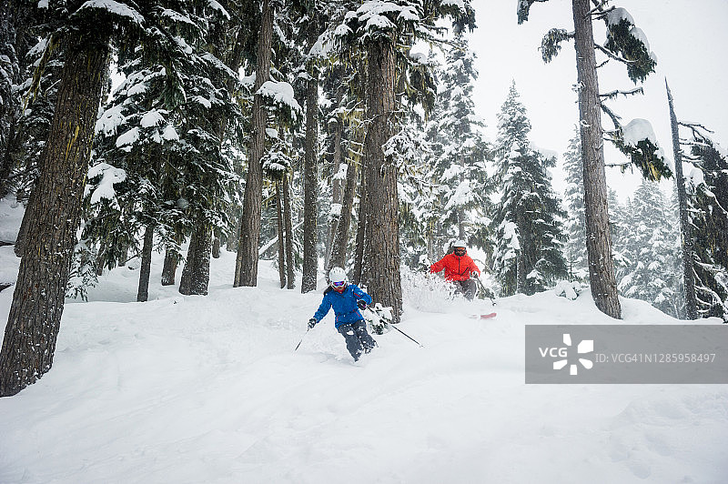 情侣在树林中滑雪图片素材