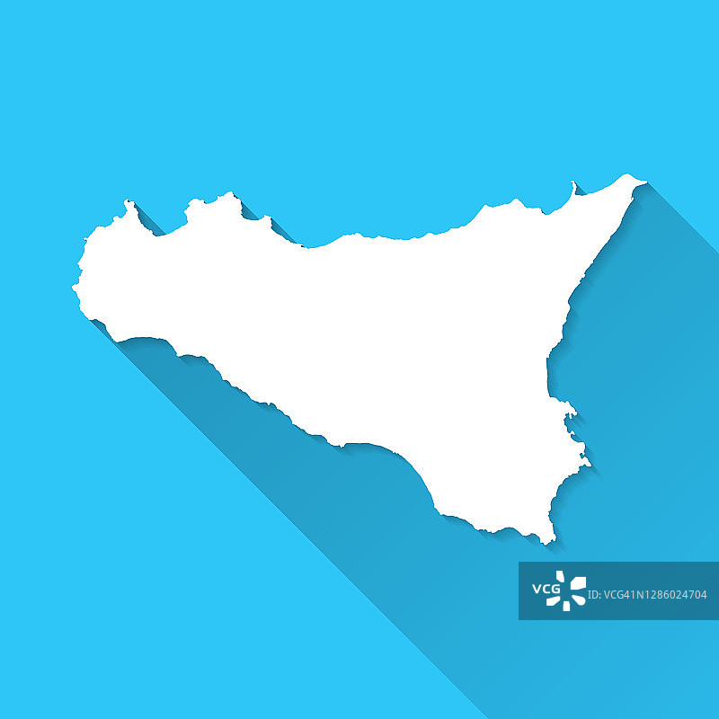 蓝色背景上带有长阴影的西西里岛地图-扁平风格图片素材