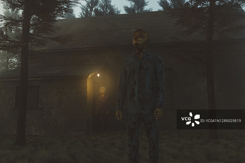 老房子前的僵尸情侣图片素材