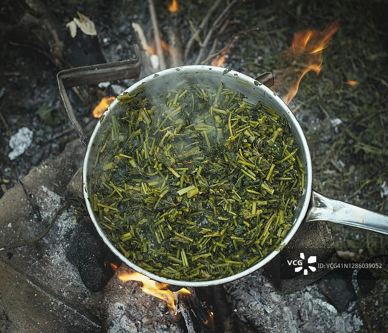 希腊伊多梅尼难民营，一家人在篝火旁煮野菜图片素材