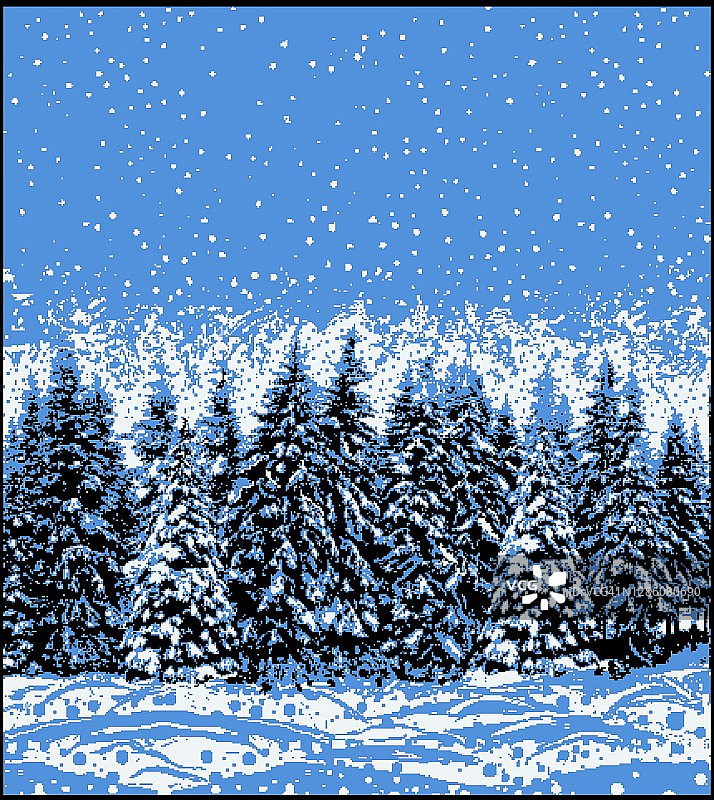 绝美的冬季景色：雪覆盖的杉树和蓝天，用于创意编织和十字绣的像素画，无缝图案图片素材