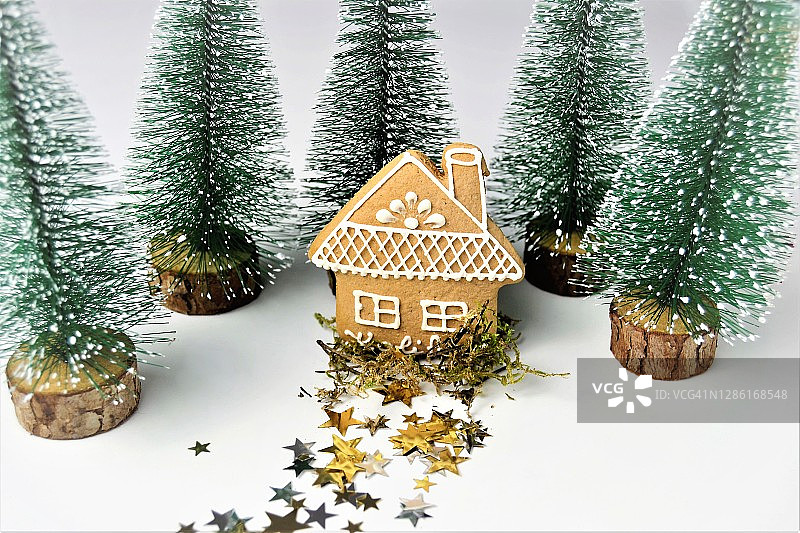 房屋造型姜饼饼干与装饰松树图片素材