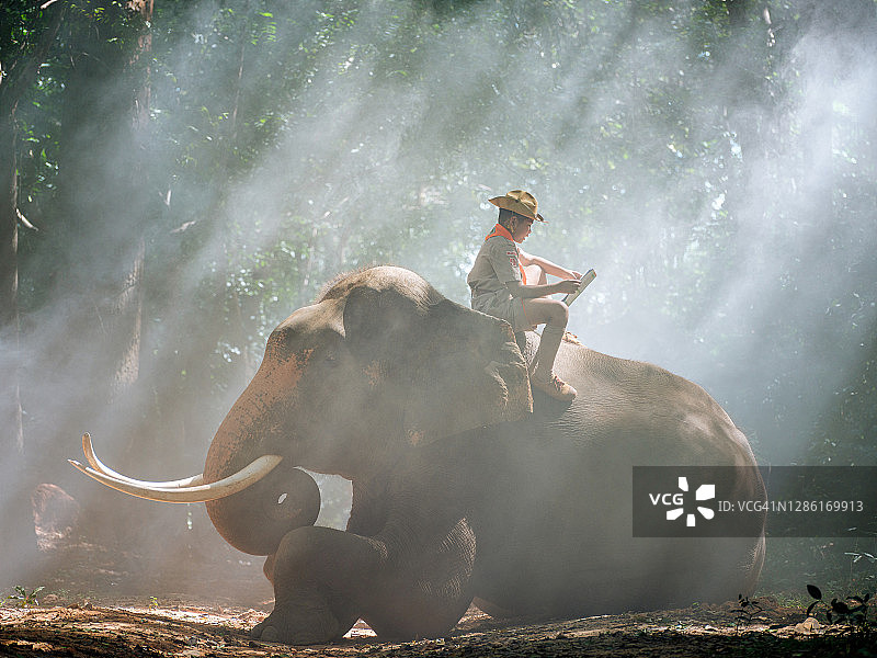 学生童子军在泰国素林的大象村，手持书本图片素材