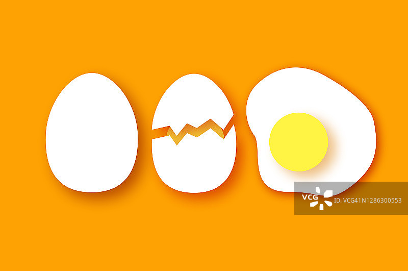 鸡蛋、煎蛋、半个鸡蛋、破鸡蛋和蛋黄、农产品、快餐、天然产品、纸艺风格蛋卷、橙色背景图片素材