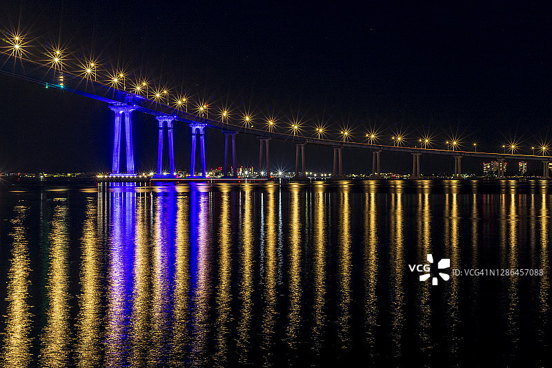 夜幕下的圣地亚哥-科罗纳多大桥灯光测试图片素材