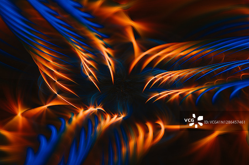 抽象火焰羽毛蓝橙色发光漩涡背景图片素材