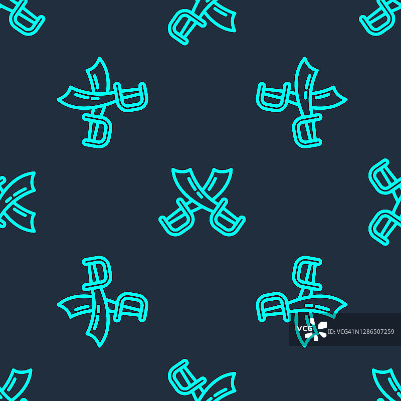 蓝色背景上的绿色海盗剑交叉图标无缝图案，军刀标志矢量图图片素材