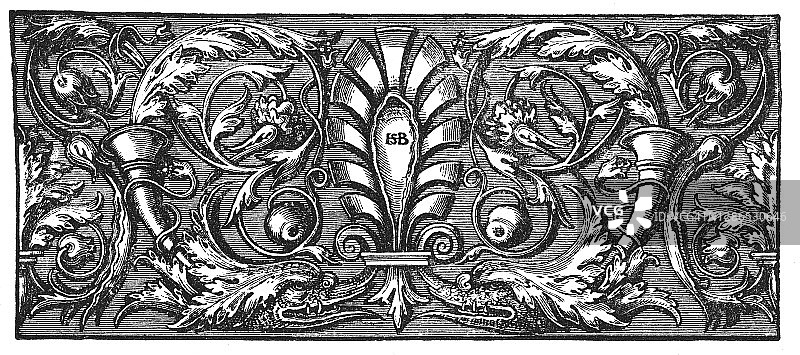 装饰性花卉纹样的老式雕刻插图图片素材