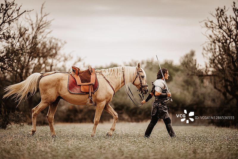 中世纪黑色奇幻骑士与帕洛米诺小公马在自然中同行图片素材
