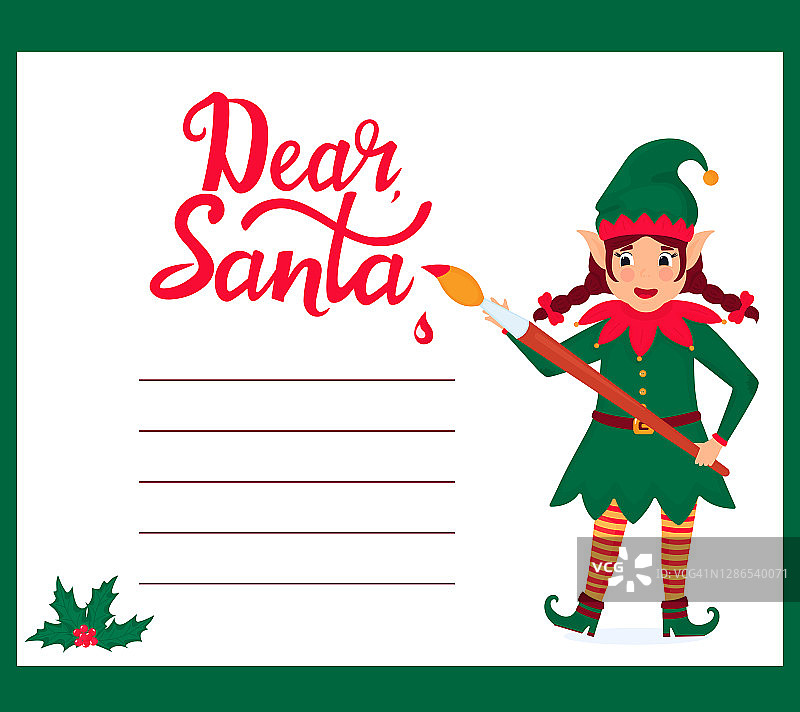 有趣的精灵女孩用画笔给圣诞老人写信图片素材