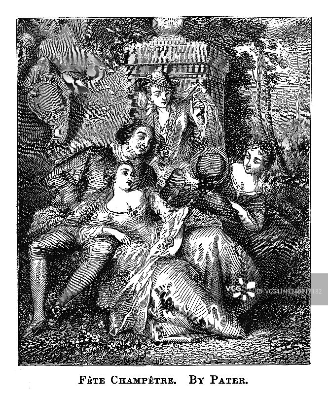 让-巴蒂斯特·帕特笔下的田园宴会舞蹈古版画图片素材