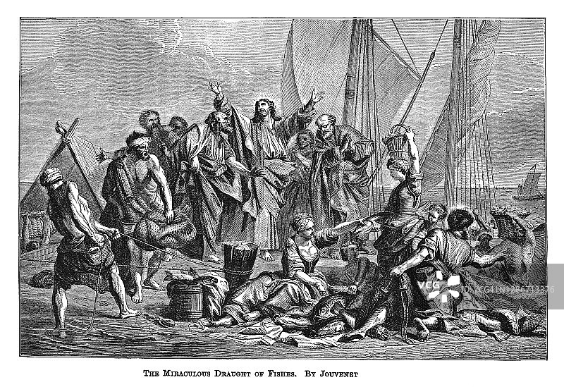 让-巴蒂斯特·朱韦内创作的《奇迹般的捕鱼》古老雕刻插图图片素材