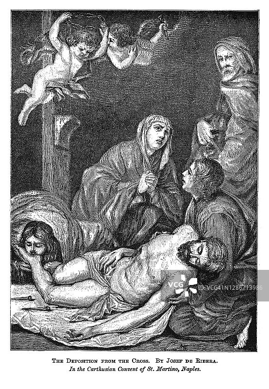 何塞·德·里贝拉的《下十字架》古版画图片素材