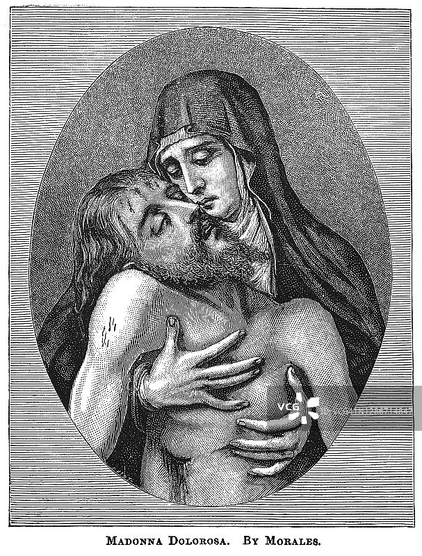 路易斯·德·莫拉莱斯创作的《悲伤圣母》古老雕刻插图图片素材