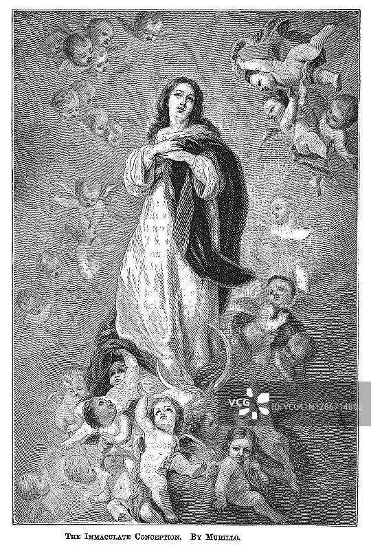 穆里略《圣母无染原罪》古董版画图片素材