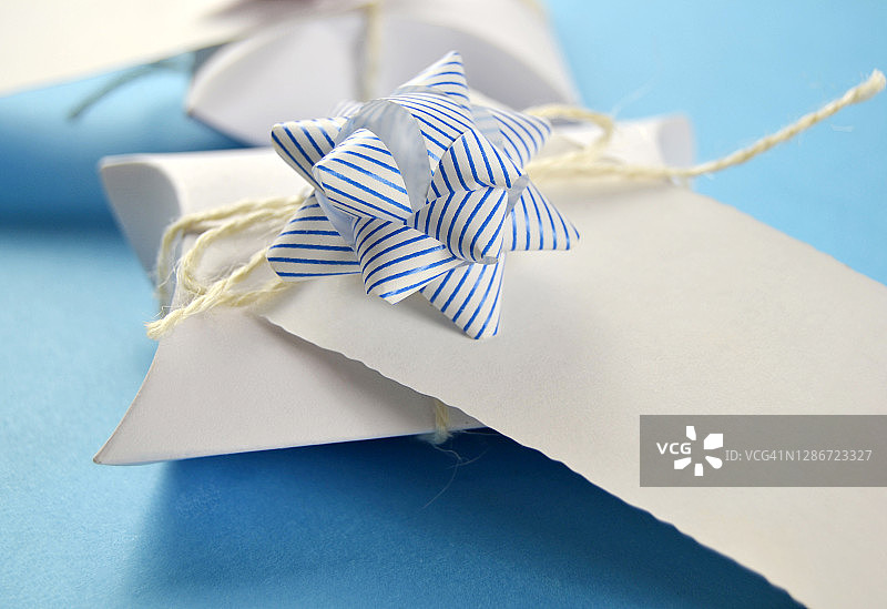 装饰有蓝色蝴蝶结的礼品袋图片素材