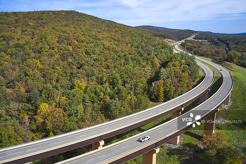 美国西弗吉尼亚州：48号公路桥横跨阿巴拉契亚山脉迷失河的航拍图图片素材
