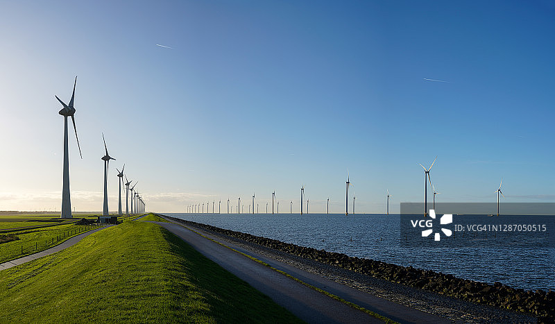 荷兰艾瑟尔湖风车公园，阳光明媚图片素材