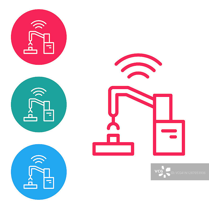 红线工业机器机器人手臂工厂图标孤立在白色背景上。工业机器人机械手。在圆形按钮中设置图标。向量图片素材