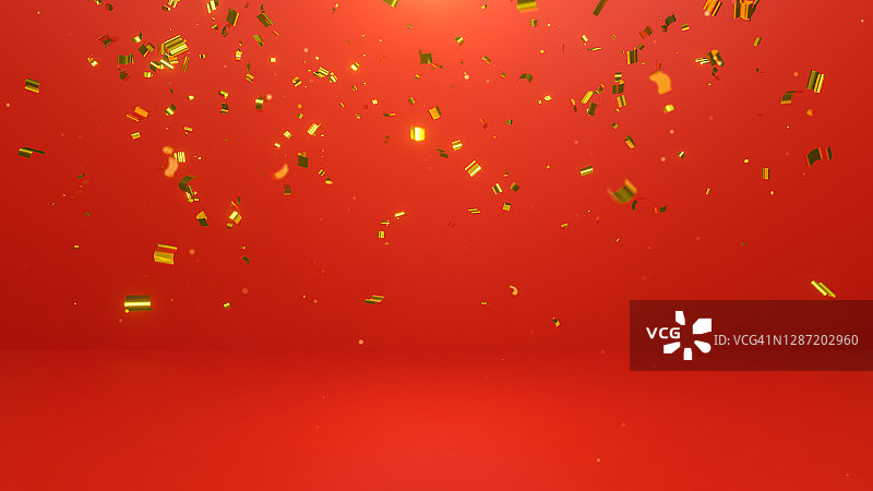 3D渲染：金色纸屑与红色背景，产品展示和广告平台图片素材