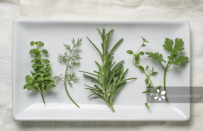白色盘子里的草本植物图片素材