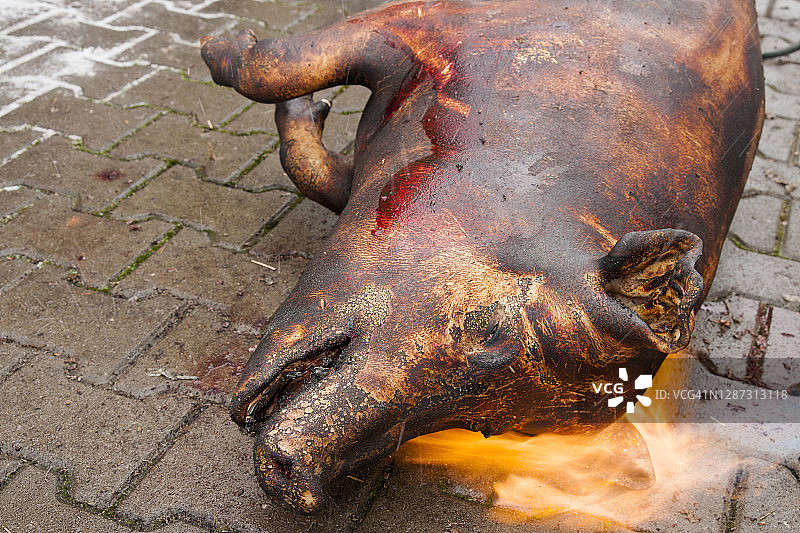 屠夫处理屠宰的猪图片素材