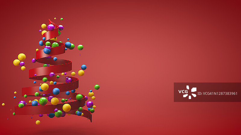 红色背景中独立的圣诞树3D插图。圣诞节和新年概念。右侧留有复制空间图片素材