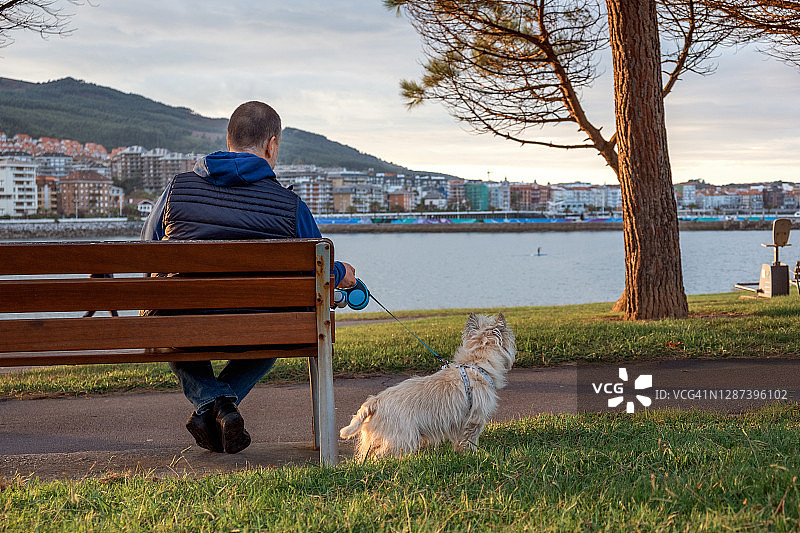 秋日公园里带着狗的男子图片素材