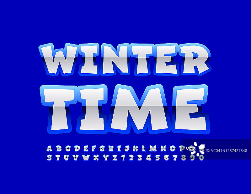 矢量冬季欢乐时光标志。蓝白字母和数字集图片素材
