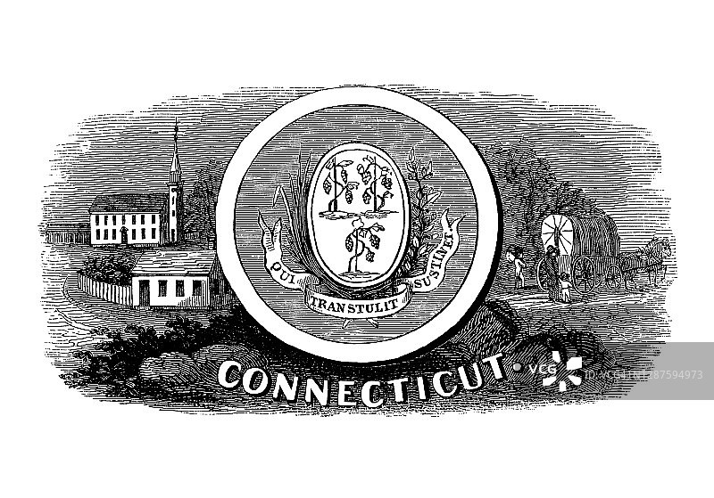 美国康涅狄格州徽章：古老的版画插图图片素材