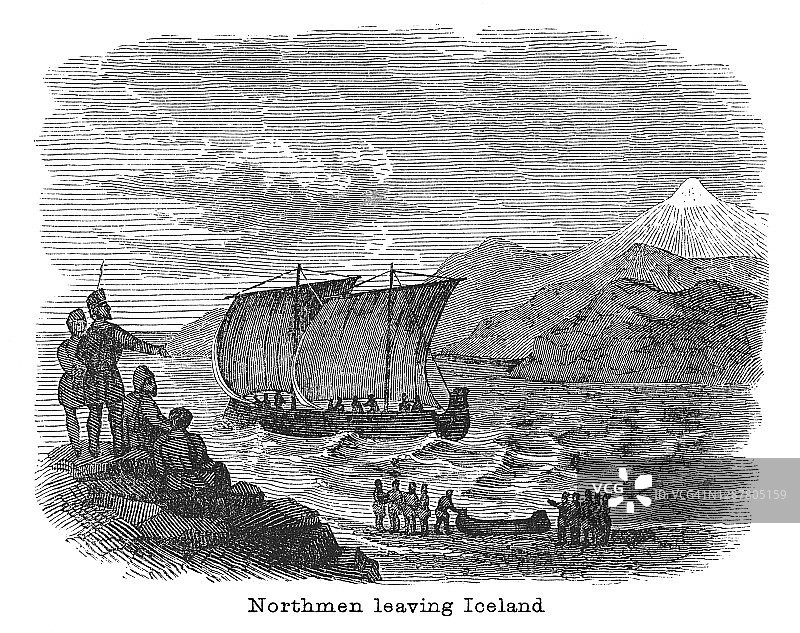 离开冰岛的北方人的老式雕刻插图图片素材