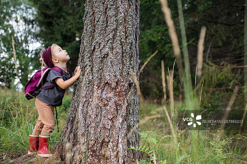 在森林里度假、在树旁玩耍的小女孩图片素材