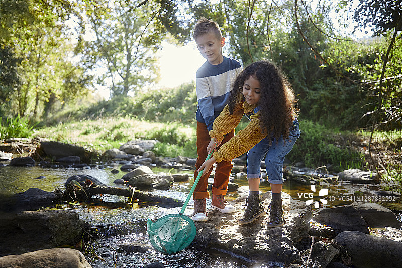 小男孩和小女孩在河里用网捕鱼图片素材