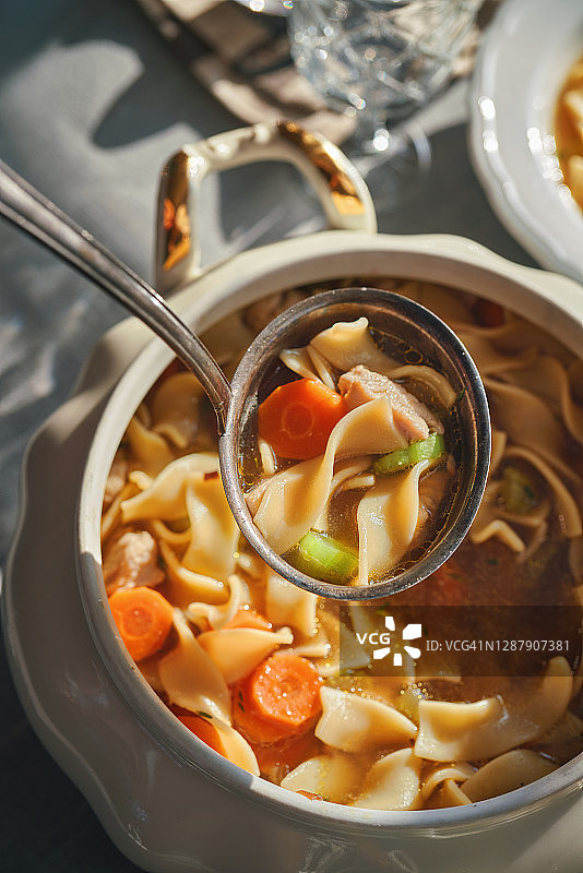 鲜蔬菜鸡肉面条汤图片素材