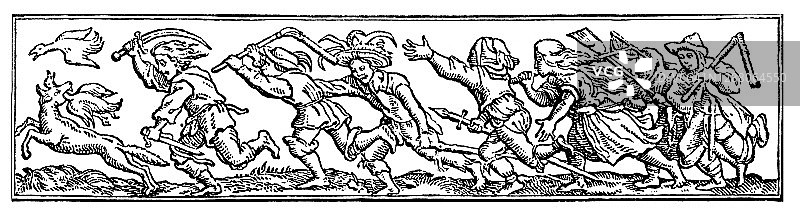 村民狩猎场景插图雕刻图片素材