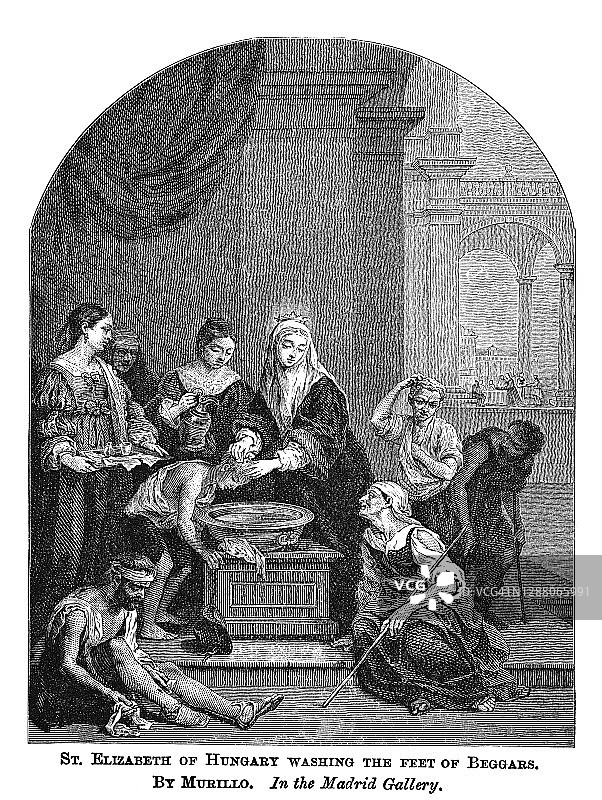 匈牙利圣伊丽莎白为麻风乞丐巴托洛梅·埃斯特万·穆里略清洗头部古老雕刻插图图片素材